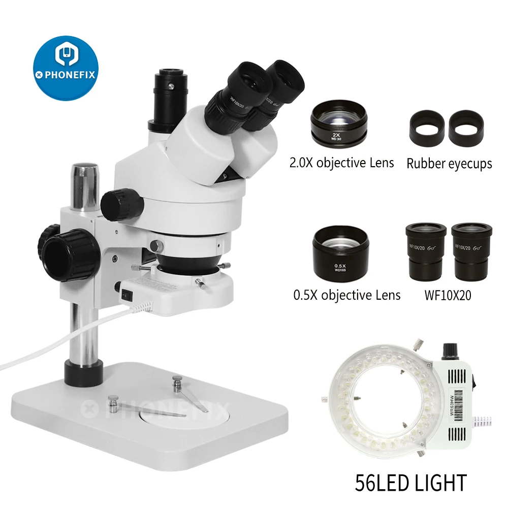 Professional 3.5X-180X Table Pillar Stand Zoom Trinocular Stereo Microscope PCB Repair Microscopio WF20X Eyepiece 56 LED Light