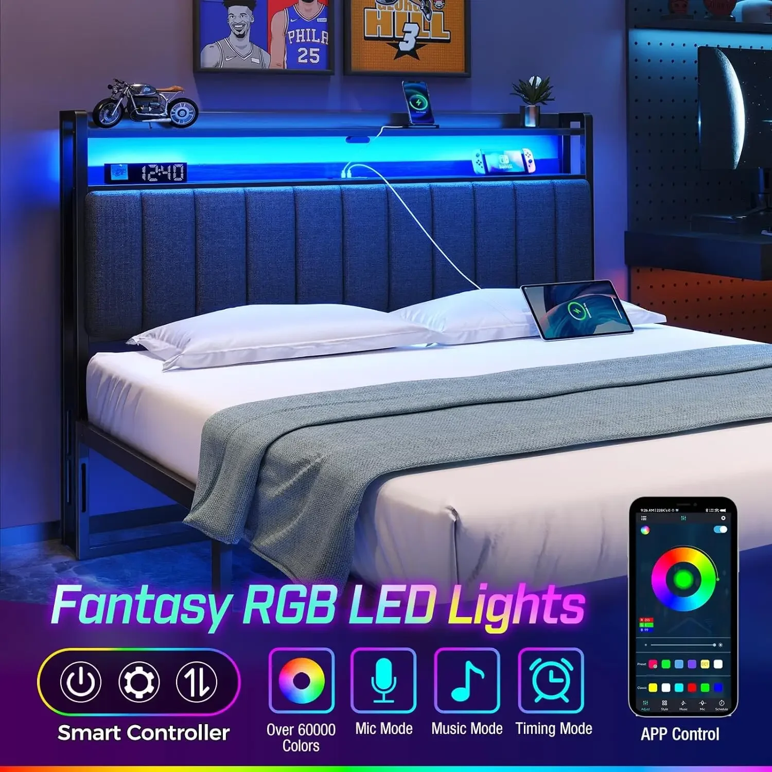 Headboard for Queen Size Bed with Storage, 60,000 DIY Color of LED Light, Head Board with USB & Type C Port, Height Adjustable