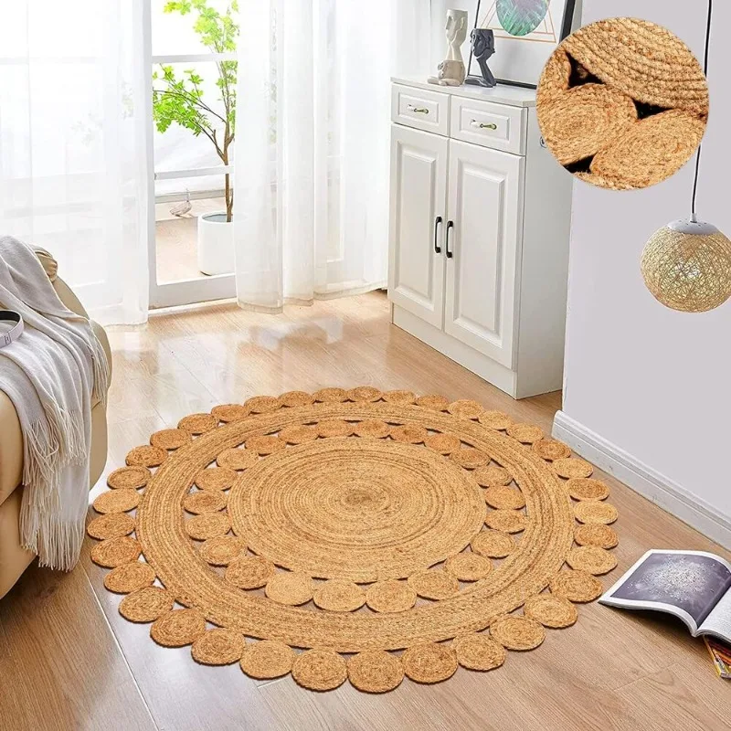 Hand Woven Round Jute Area Rug Braided Round Rugs for Boho Home Office Decor