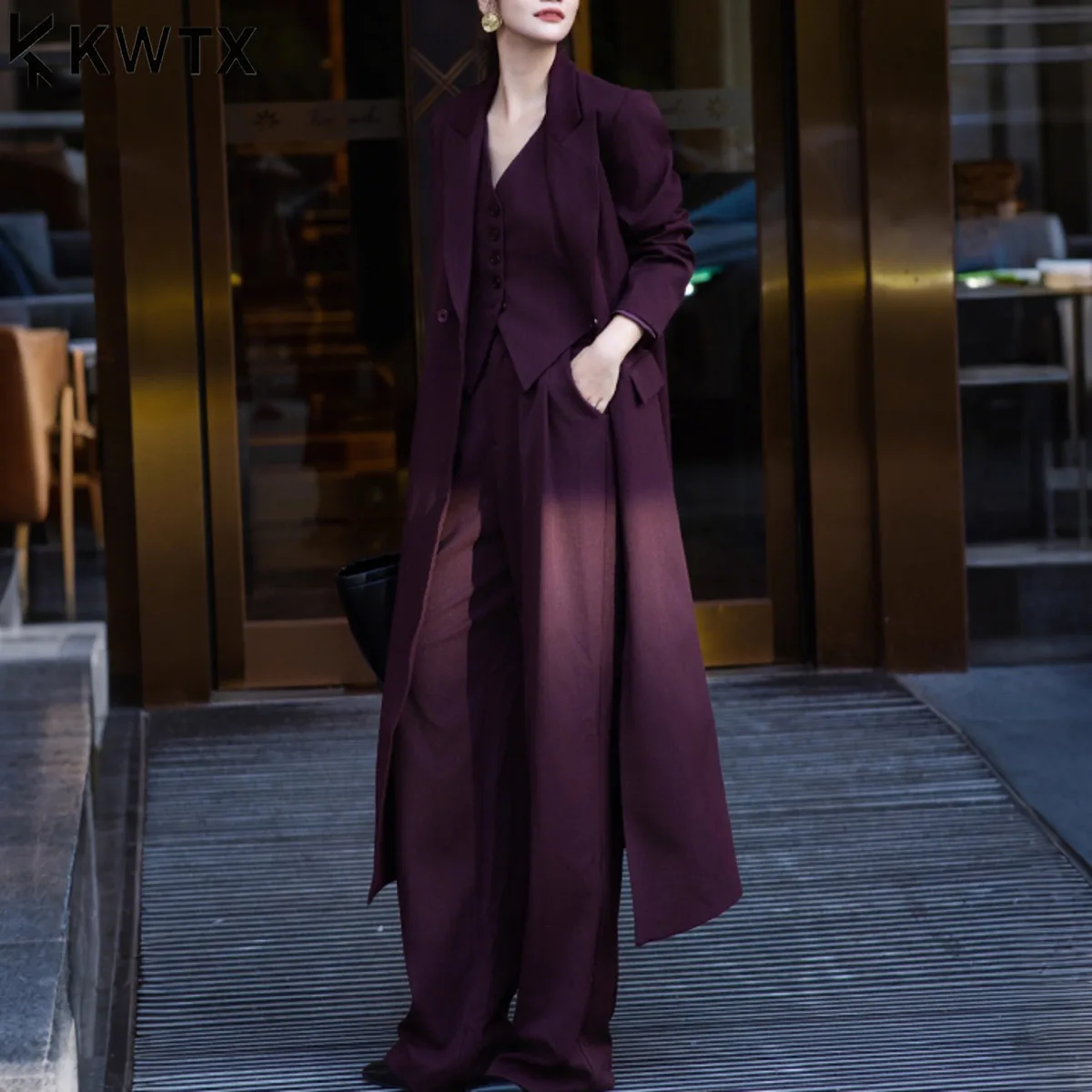 

KWTX женский новый комплект из 3 предметов, плащ, жилет, широкие брюки, однотонный, повседневный, элегантный, в стиле ретро, минималистичный, осенне-зимний, премиум-класса