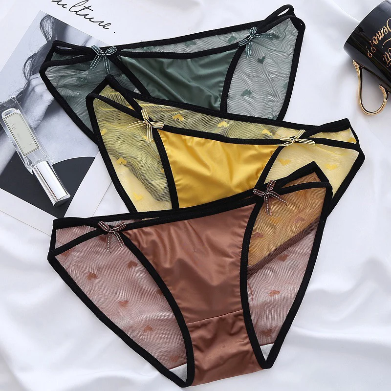 Women's panties Womens Heart Logo Low Waist Lace Panties Mesh Sexy Bow Design Comfortable Breathable Hollowed Panties For Women