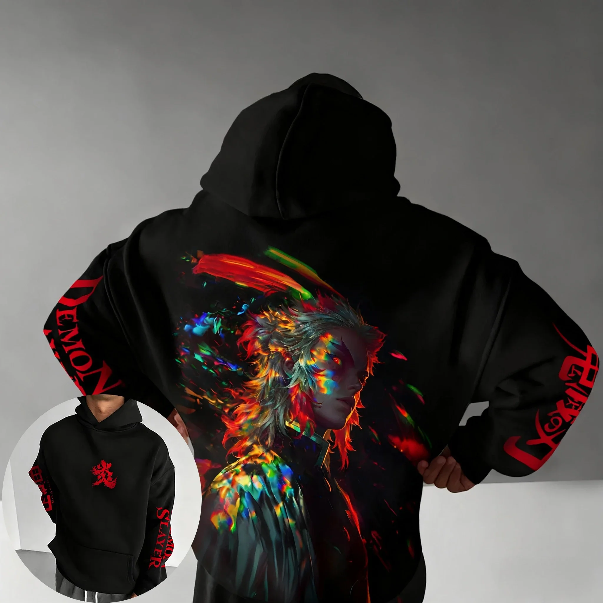 شيطان القاتل أنيمي رسمت هوديي الخريف/الشتاء Rengoku Kyoujurou مطبوعة عادية الرياضة الوالدين الطفل الهيب هوب سترة علوية #3