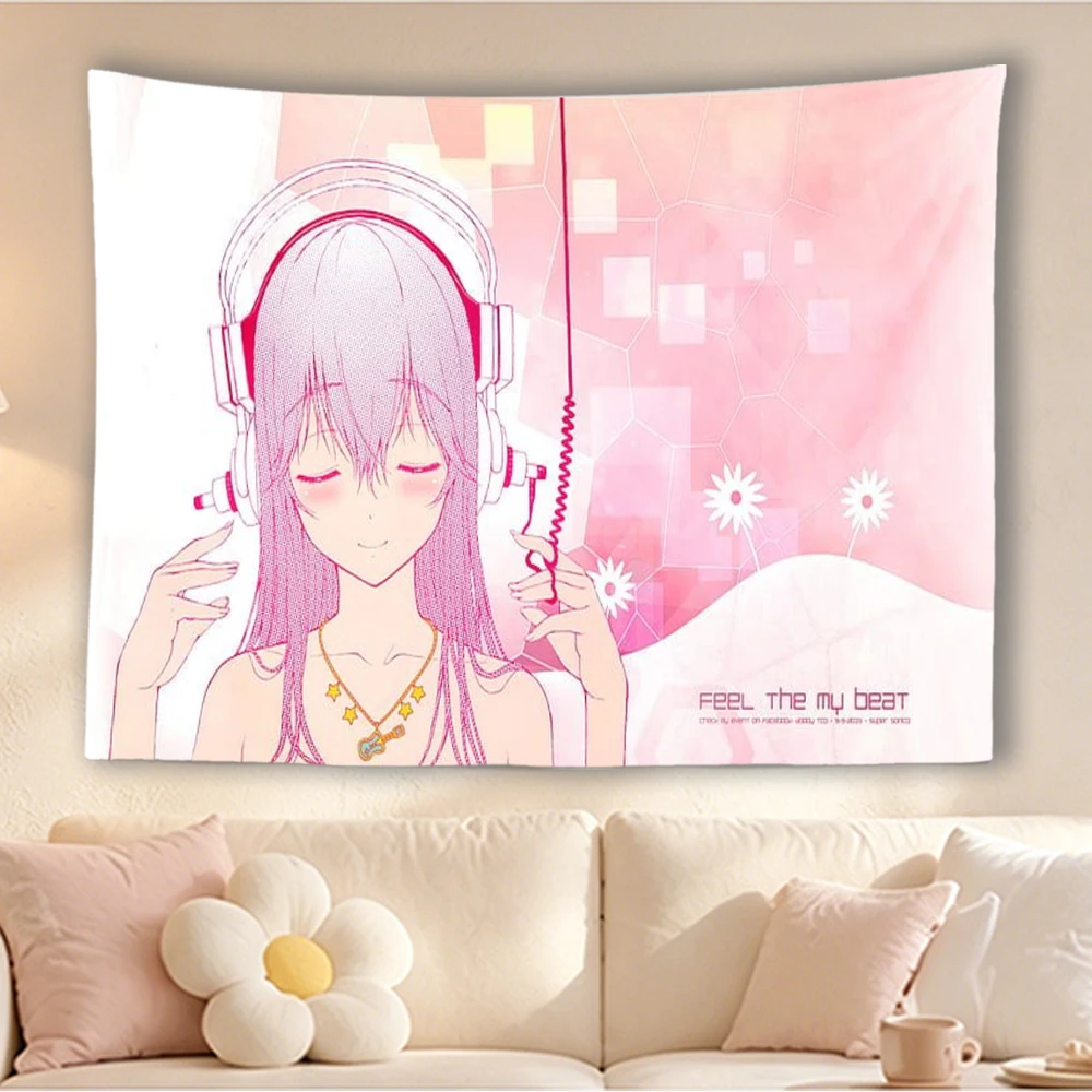 Super S-Sonico Anime Tapestry Pink Hair Girl With Headphones Print Wall Hanging Aesthetic Background Cloth Bedroom Dorm Decor