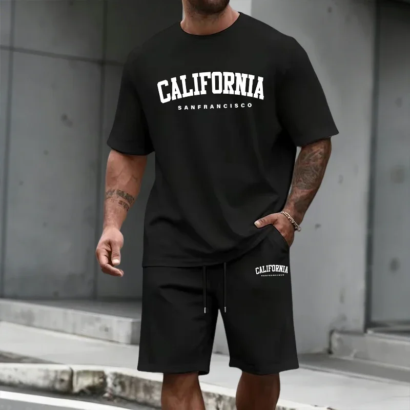 

Summer Urban Fashion Short Sleeve Cool Outfits Home Outdoor California Printed Men's Set O-neck Cotton T-shirt and Casual Shorts
