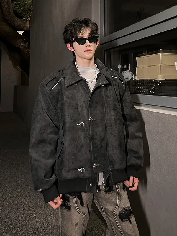 

American Dyed PU Leather Motorcycle Jaet Men's Autumn Winter Loose High-End Versatile Cool Stand Collar Biker Coat