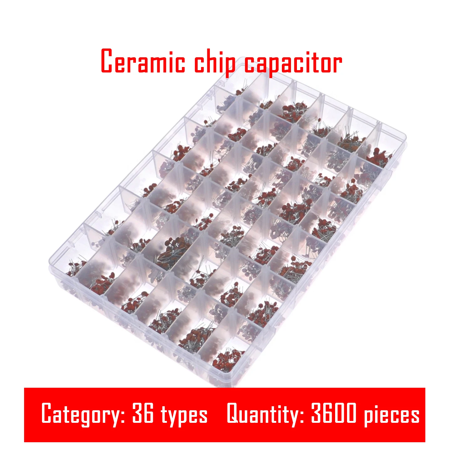 3600PCS of 36 specifications 1pF-100nF 50V ceramic capacitors, through-hole magnetic chip ceramic dielectric capacitors in box