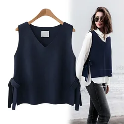 Crop New knit Top women vest sweater short Korean wool Vest Pullover belt wear Cashmere knitwears Waistcoat Woman clothing y2k