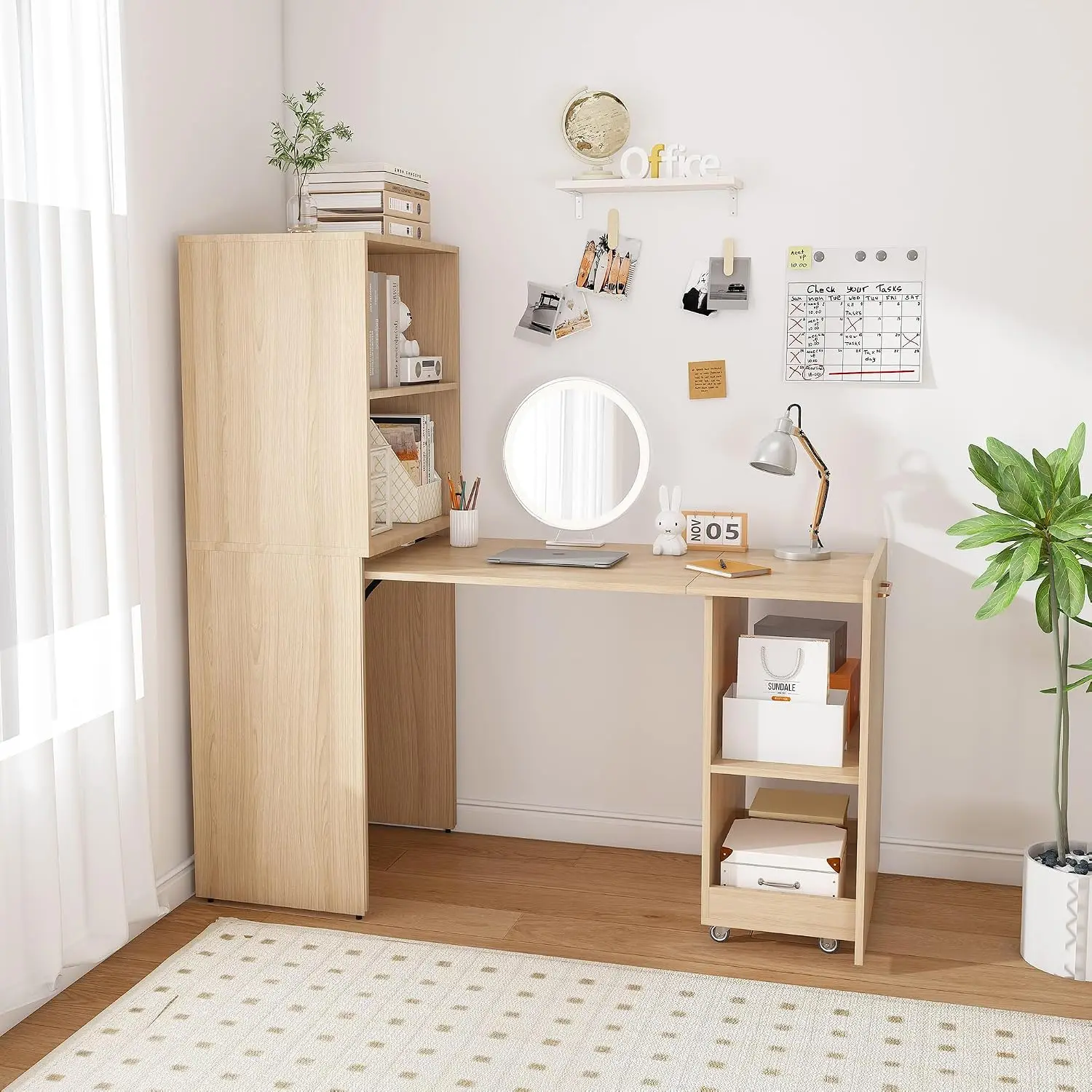 Expandable Foldable Desk with Storage Shelves & Wheels, Compact Computer Desk for Small Space, L Shaped, Customized