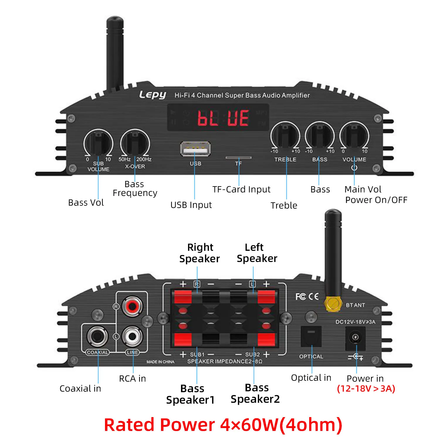 Amplificador de Potência com Entrada Coaxial, 4 Canais, Fibra Óptica, Bluetooth 5.0, 2.1, Amplificador de Áudio, Saída Subwoofer Dupla, COA, OPT, USB