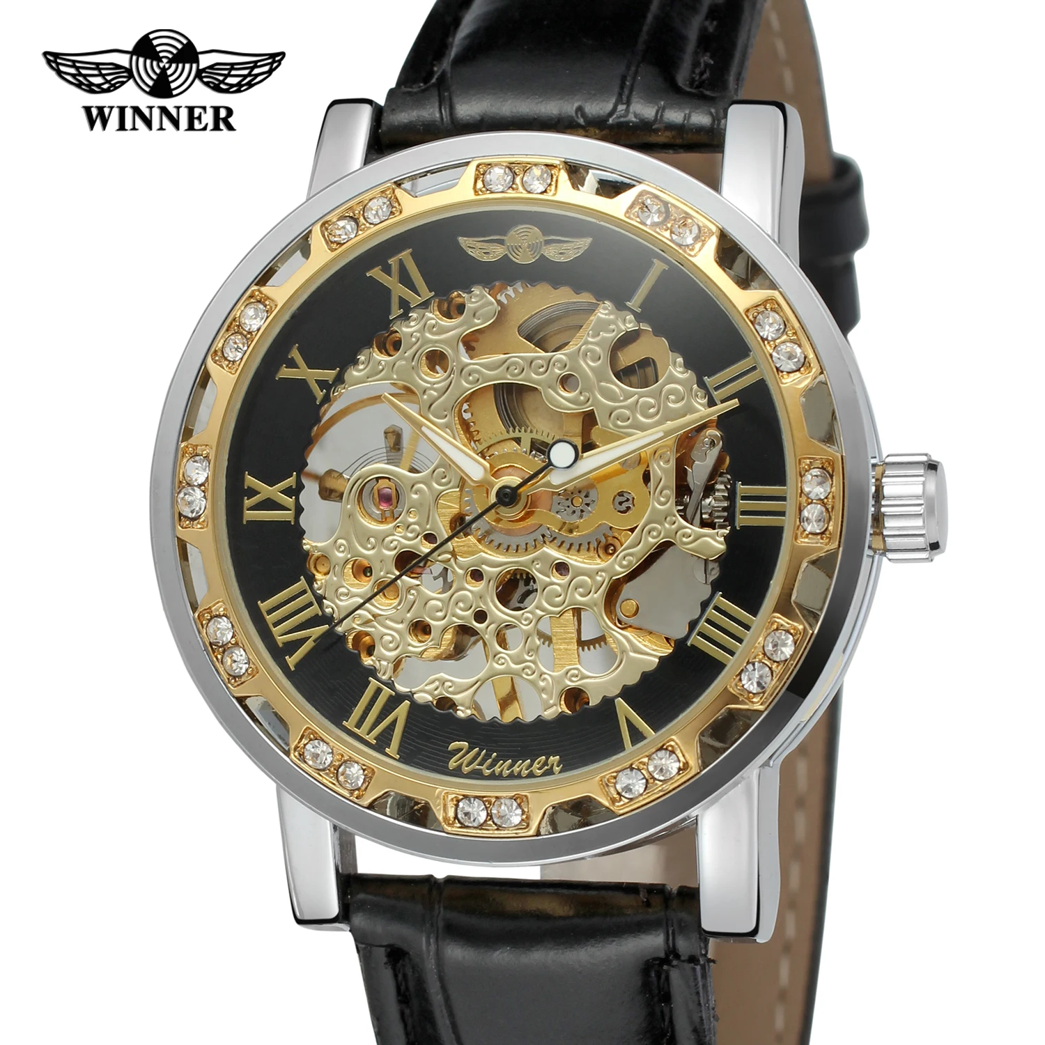 Winner Transparent Gold Steel Skeleton Mechanical Man Watch High-End Luxury Fashion Men's Wristwatch Clock Leather reloj hombre