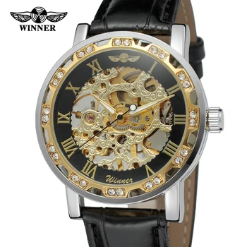 Winner transparent gold steel skeleton mechanical man watch High-End luxury fashion men&#x27;s wristwatch clock leather reloj hombre