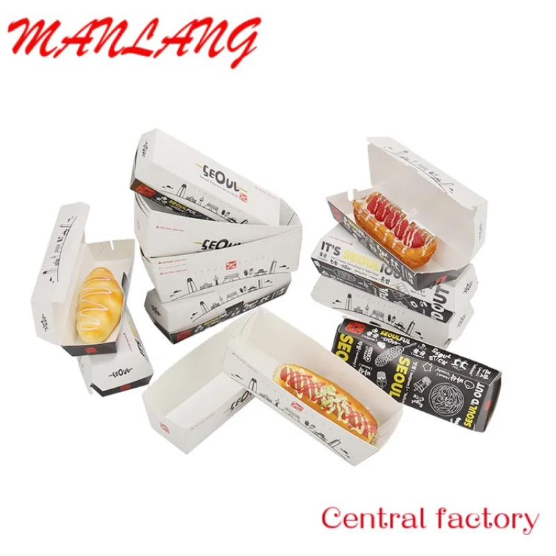 Custom  Food Grade Paper  Hot Dog Packaging Korean Corn Hot Dog Box Tray Boat Disposable Paper Tray Custom Printed Hot Dog Box T