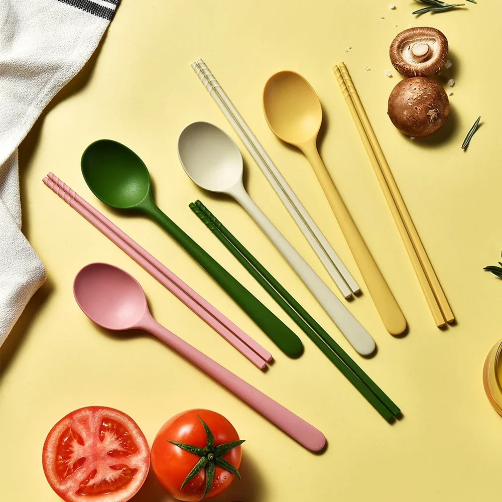2/8Pcs Koreanische Lange Griff Stäbchen Löffel Besteck Besteck Set Wiederverwendbare Silikon Non-slip Sticks Sushi Lebensmittel suppe Geschirr