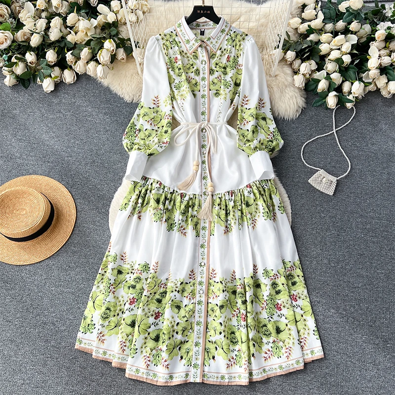 

Spring Autumn Bohemian Loose Long Dress for Women Vintage Lantern Sleeve Print Lace Up Belt Robes Lady Elegant Vestidos