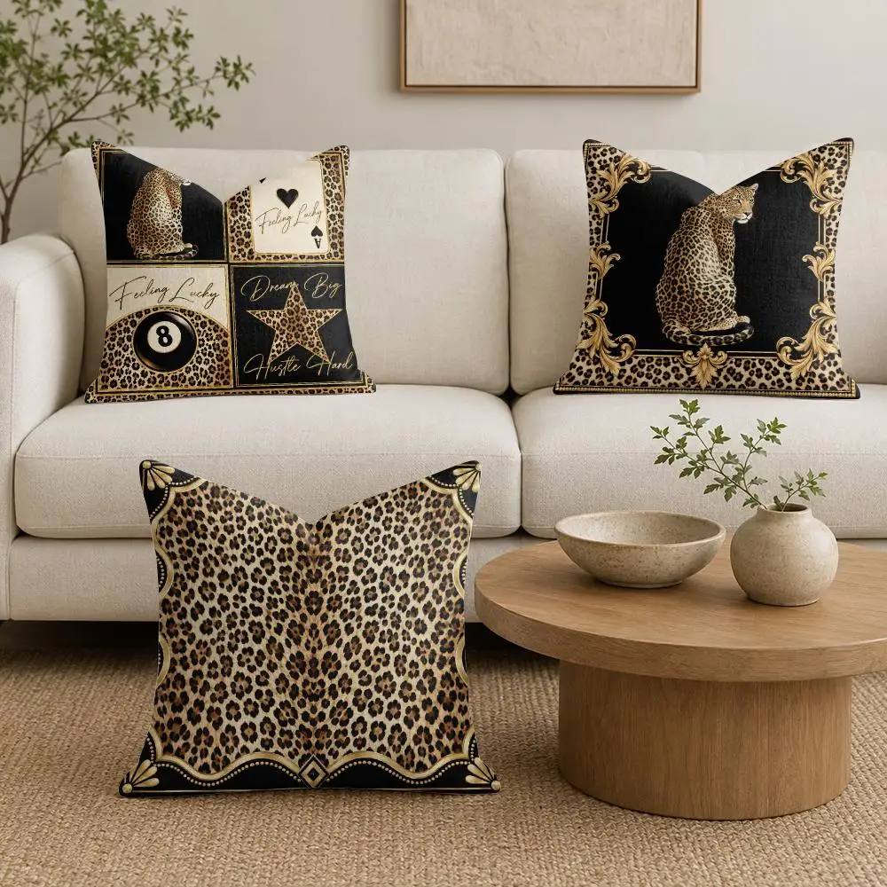 Leopard Script Cushion Cover Organic Linen Throw Pillow Cover - Double-Sided Print Breathable Cushion Case Home Decor
