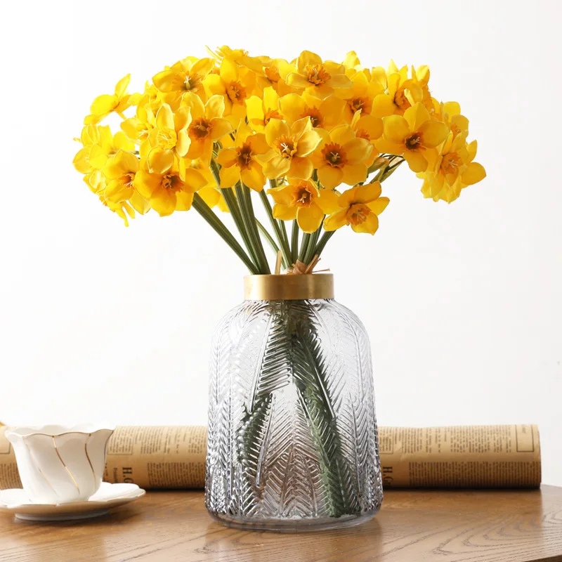 6Pcs/Bunch Silk White Yellow Daffodil Artificial Narcissus Flower Wedding Bouquets Home Decor Living Room Party Table Ornaments