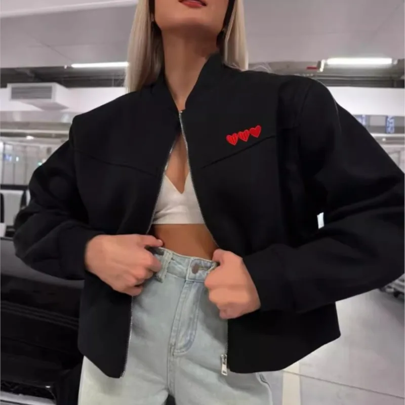 Fashion Embroidery Women Bomber Jacket O-neck Zipper Long Sleeved Loose Short Coat 2025 Casual High Street Lady Office Outerwear