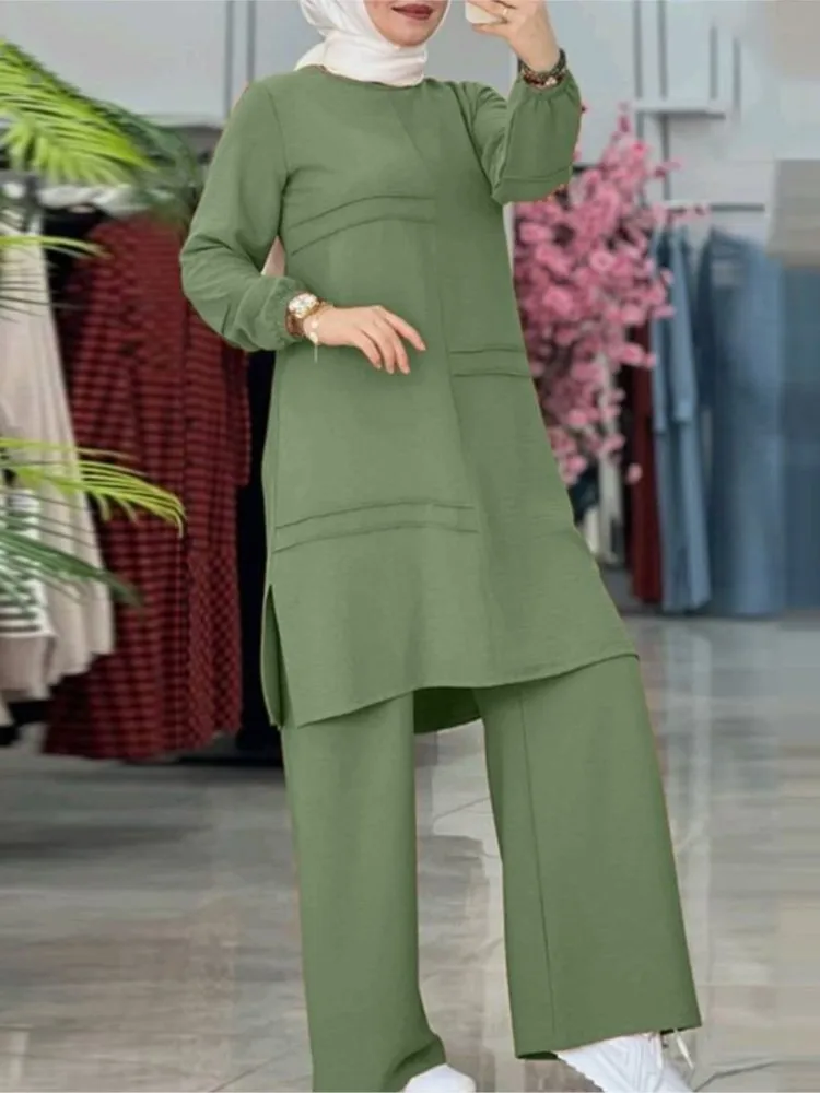 

Women Muslim Clothing Two-Piece Sets Autumn Sportswear Parallel Bars Elegant Solid Color Long Sleeve Shirt Wide Leg Pants Suit
