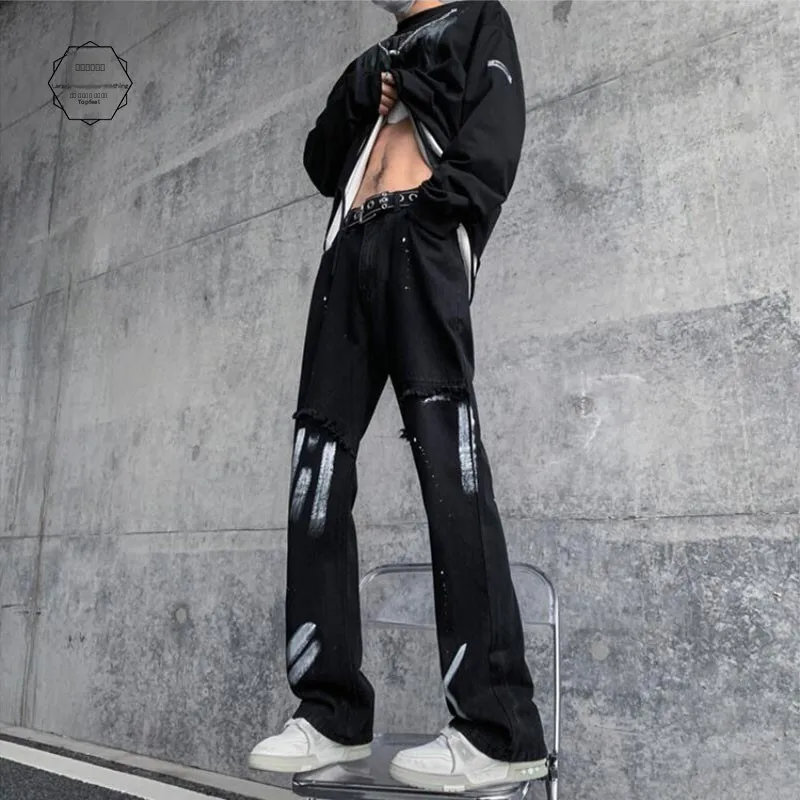 

Мужские джинсы Slim Fit из денима в американском стиле High Street, модные, весенне-осенние, трендовые, слегка расклешенные, длинные брюки из хлопка и полиэстера