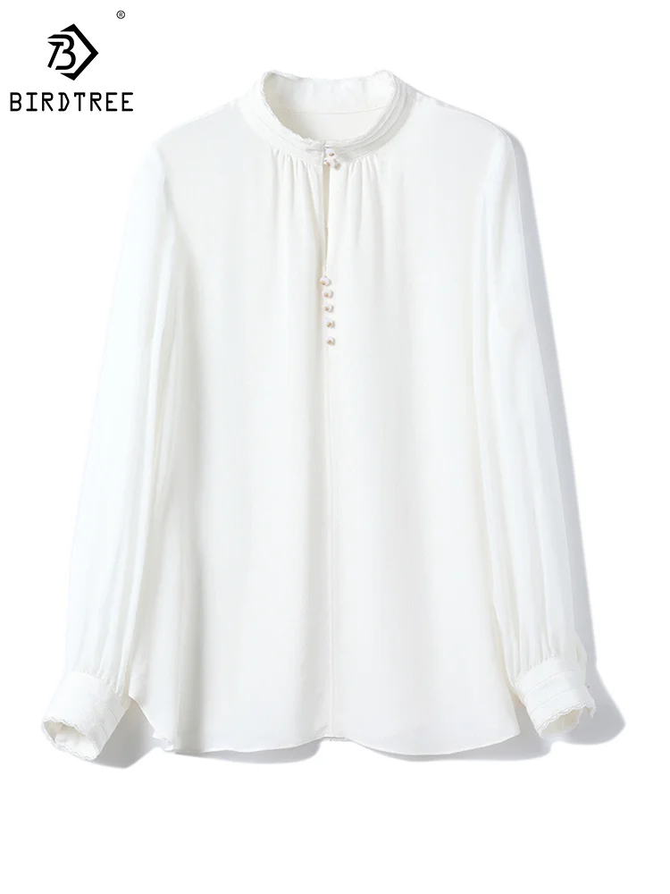 

BirdTree, 100%Real Silk Crepe Elegant Shirt, Women Long Sleeve Ruched, Elegant Designed OL Blouses, 2024 Spring New T43526QM