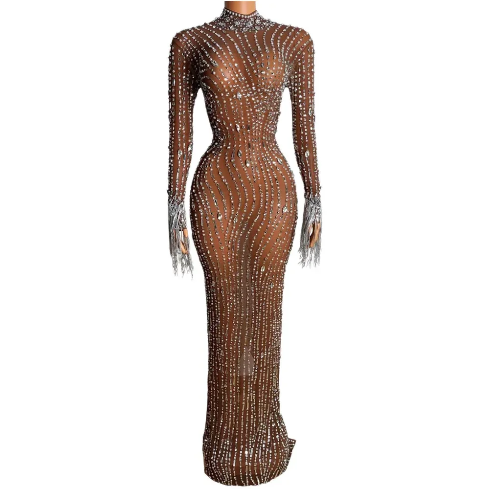 

Brown Shining Rhinestones Tassel Sexy Long Dress For Women Evening Banquet Clothing Ballroom Celebrity Costumes Festival Wear