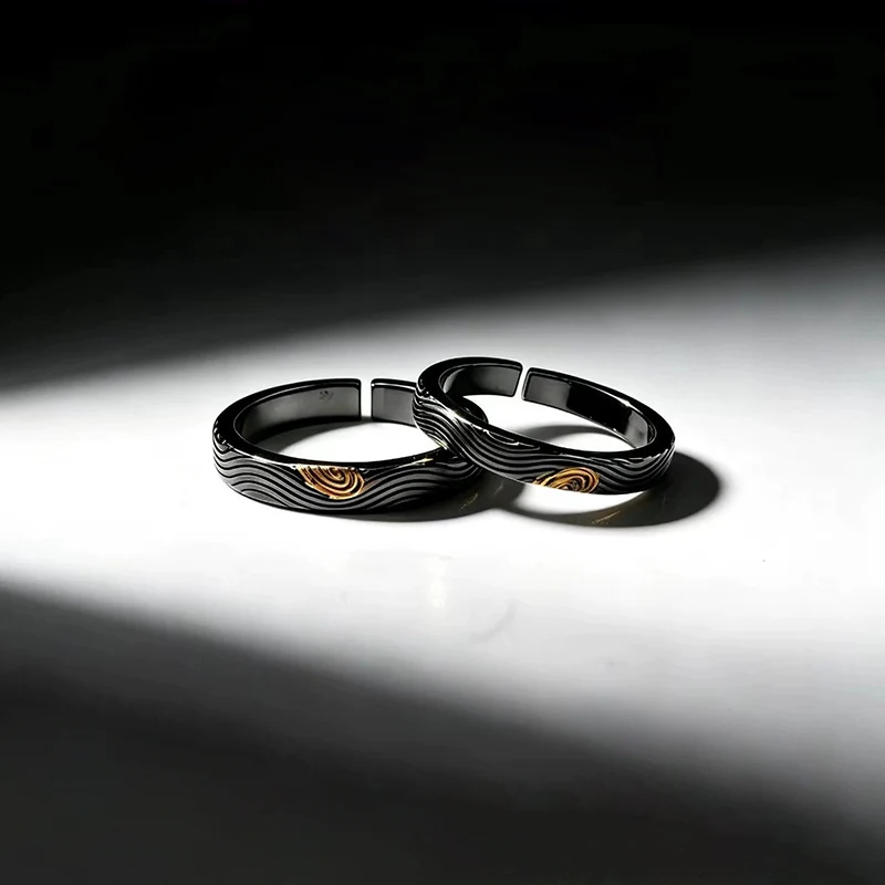 Harmony River & Mountain Pattern Couple's Rings Black Gold Gilded Rings for Men's & Women Love Fingerprints Finger Jewelry