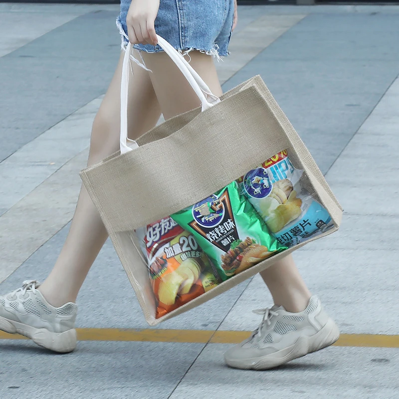 Transparent Window Line Shopping Bags Grocery Storage Bag Wedding Birthday Gift Package Bag Portable Pouch