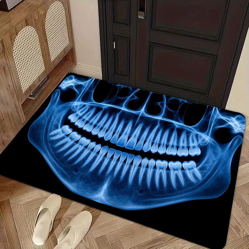 Blue X Ray Teeth Skull Skeleton Non Slip Doormat Dentist Clinic Funny Front Entrance Rug Indoor Outdoor Home Floor Decor