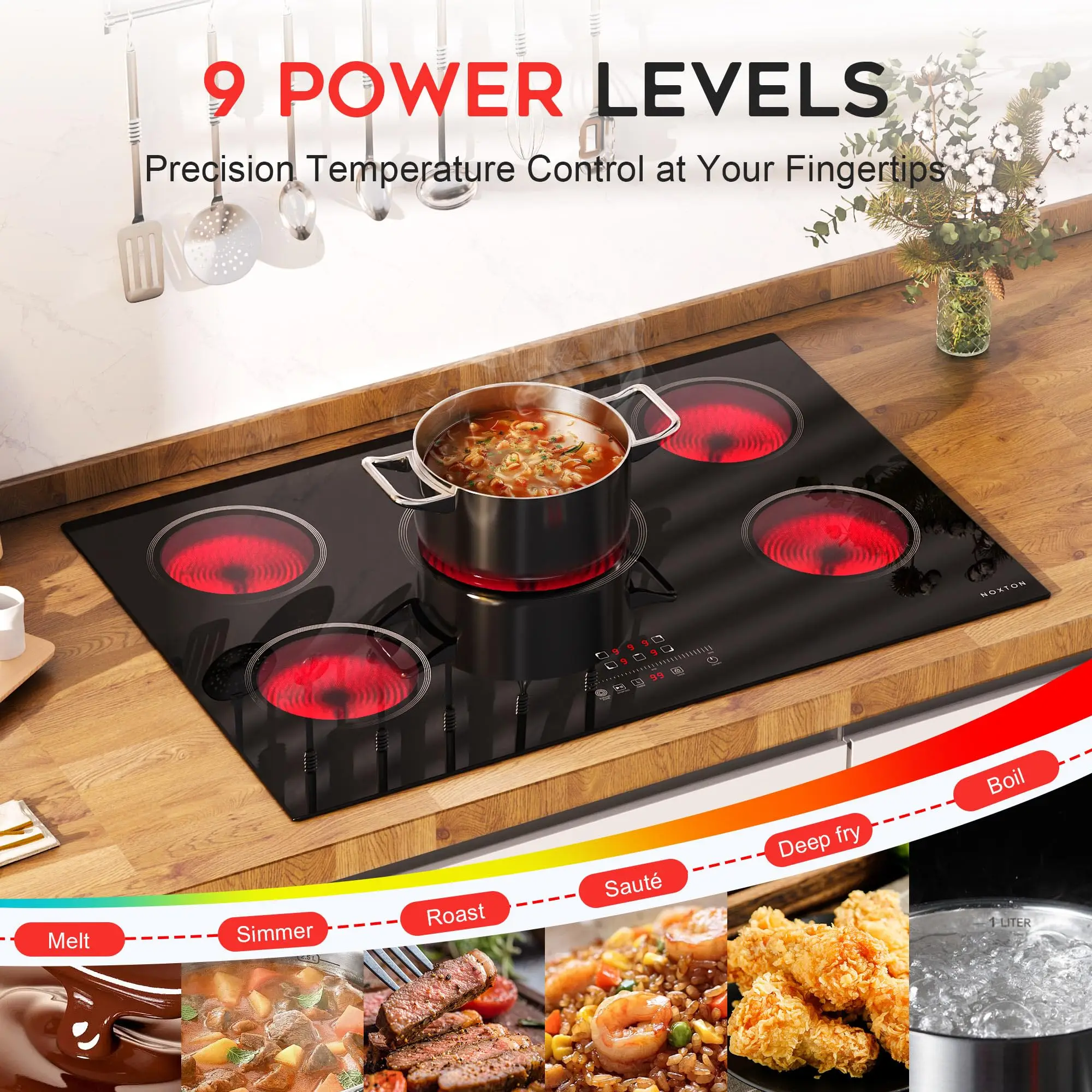 موقد كهربائي Noxton مقاس 30 بوصة، موقد كهربائي 5 شعلات، موقد زجاجي مدمج، حلقة ثلاثية، سلك صلب 220-240 فولت (بدون توصيل)