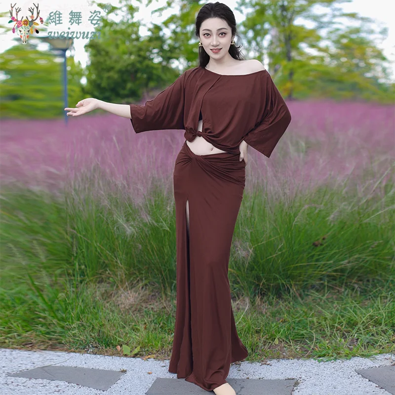 

Тренировочный костюм для танца живота, топ с короткими рукавами для танца живота + юбка с кисточками, женский костюм для танца живота, женский восточный наряд