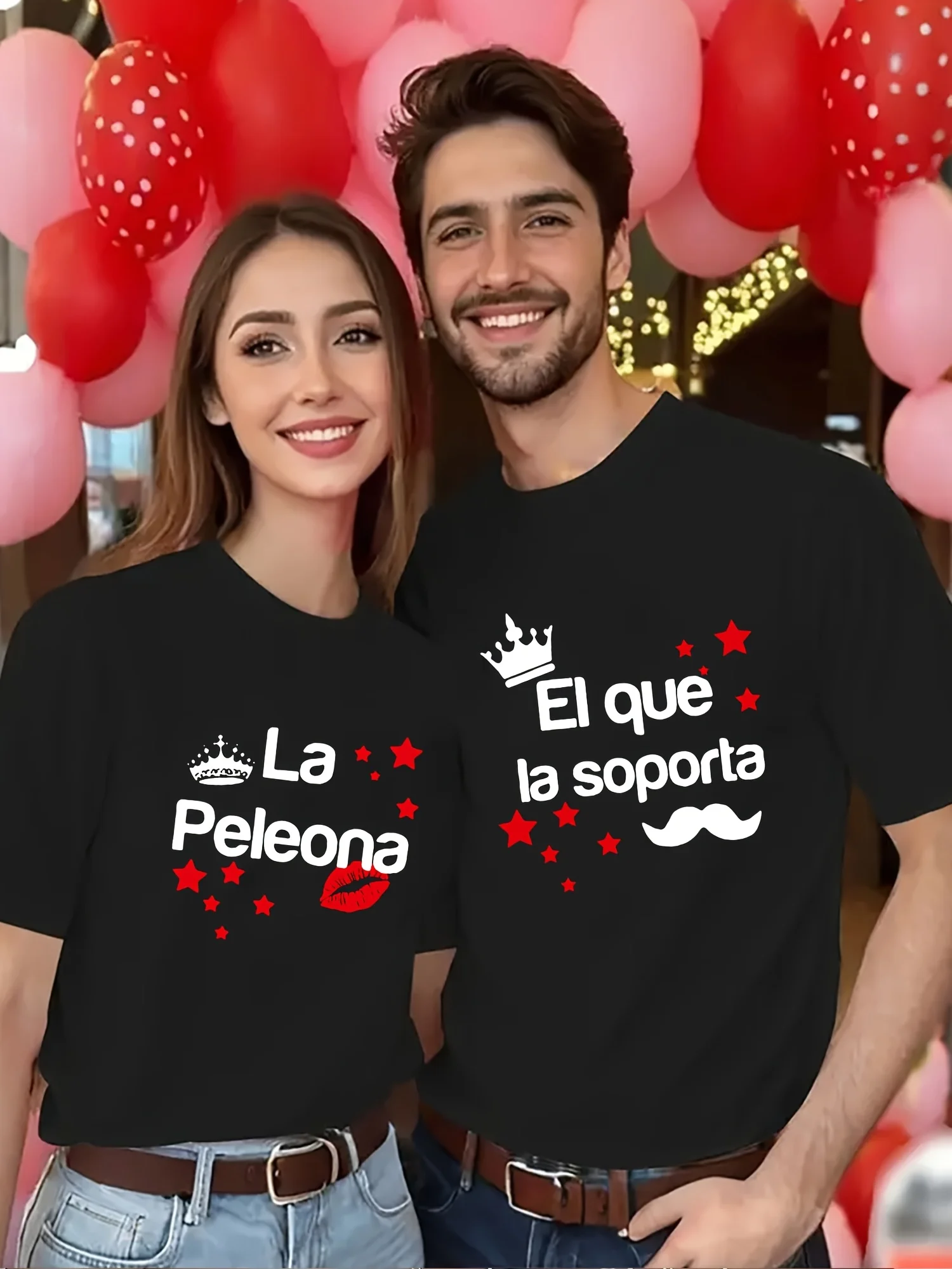 

2-piece romantic Spanish love short-sleeved T-shirts - Couple style crown "P" and beard pattern black and red contrast top