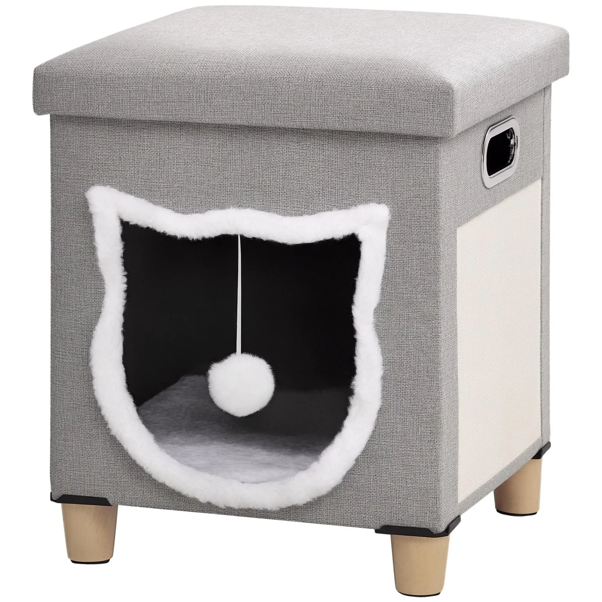 PawHut Niche pour chat 2-en-1 avec repose-pieds en bois et tapis à gratter, oreiller amovible et lavable, et boule suspendue, 35,5 × 32,5 × 42,5 cm Gris