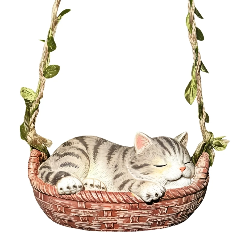 Hanging Basket Kitten Figurine Resin Resting Figure for Garden, Balcony, or Shelf Display, Outdoor Ornaments Basket-Texture B03E