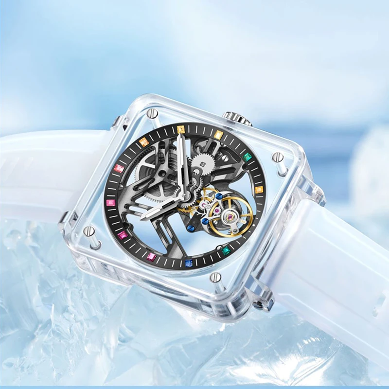 Reloj Mecánico de Tourbillon para hombre, pulsera con carcasa transparente, espejo de zafiro, resistente al agua, de goma