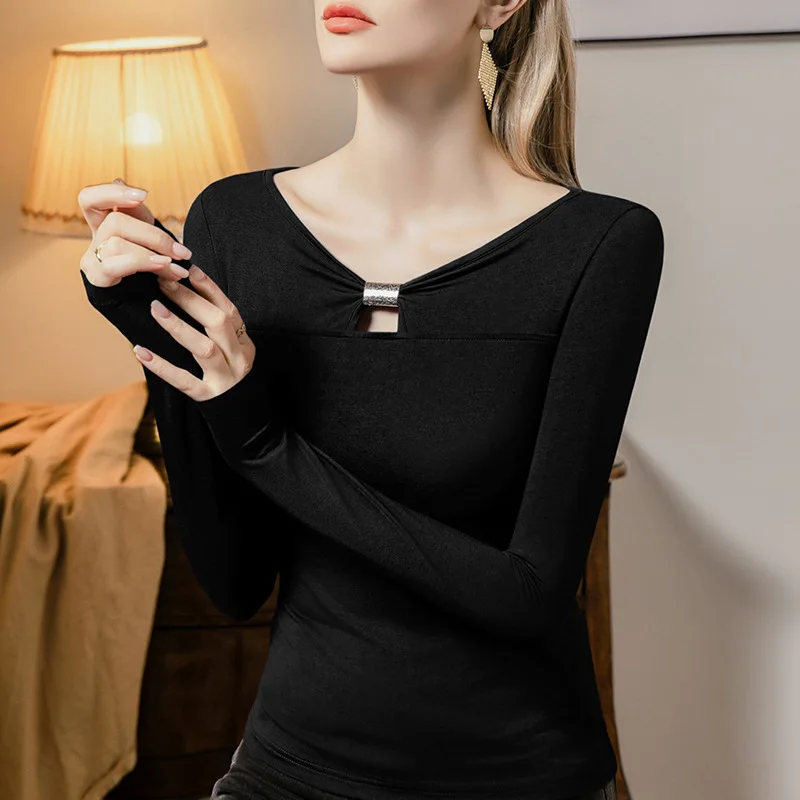 BOWEYLUN, осенняя новая футболка с v-образным вырезом и длинными рукавами, женская ретро-футболка с металлическими украшениями, однотонная нижняя рубашка, блузка, женская