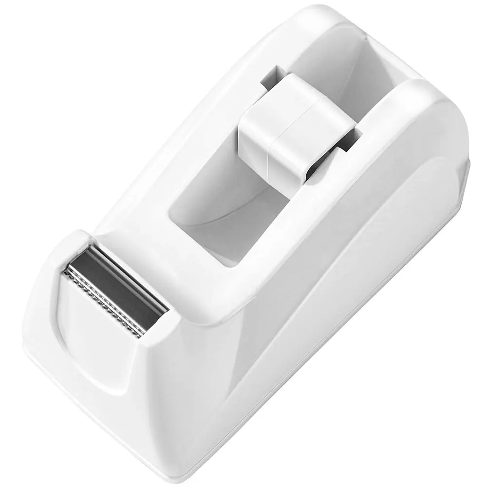 "Effortless" Compact White Pieceaging Tape Dispenser With Stainless Steel Cutter - Portable, Non-Slip Office Stationery Holder