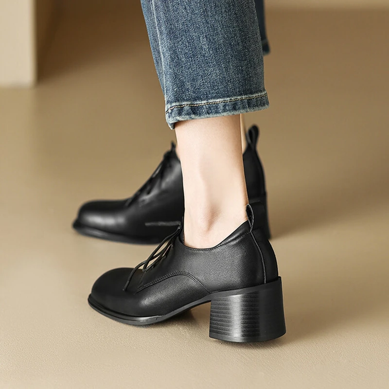 2023 Spring Women Loafers Genuine Leather Shoes for Women Square Toe Chunky Heel Women Shoes Casual Black Lace-up Women Pumps