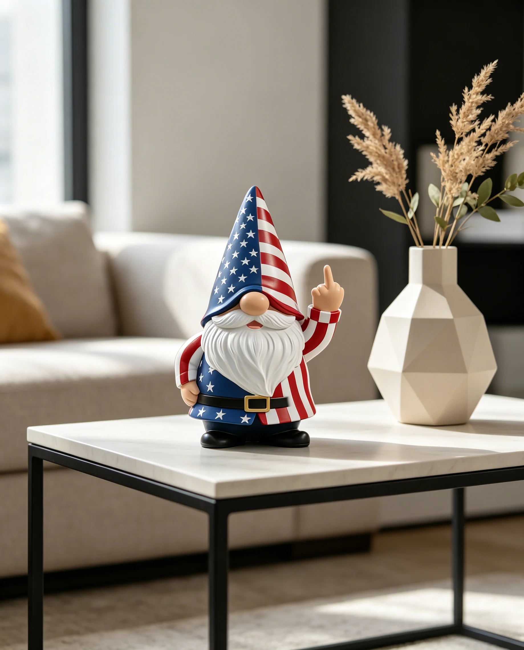Funny Naughty Middle Finger Gnome Resin Decor, USA Flag Patriotic Statue for 4th of July Party & Desk Ornament