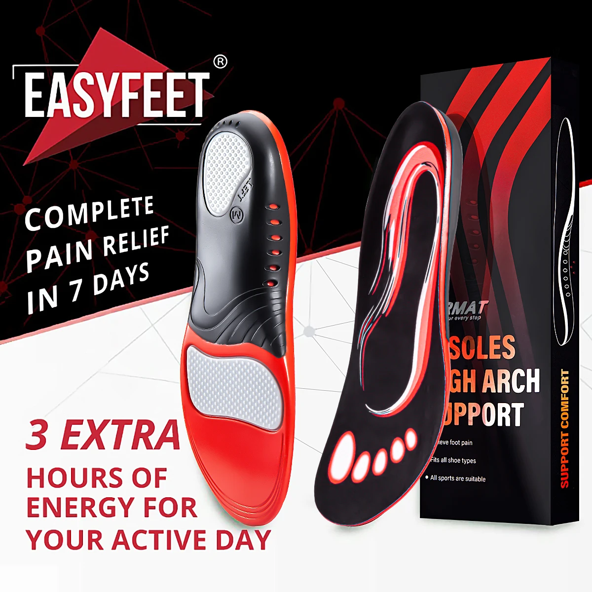 

220+ Lbs Heavy Duty High Arch Support Insoles for Men Women Shock Absorbing Shoe Inserts for Flat Feet Standing All Day Insole