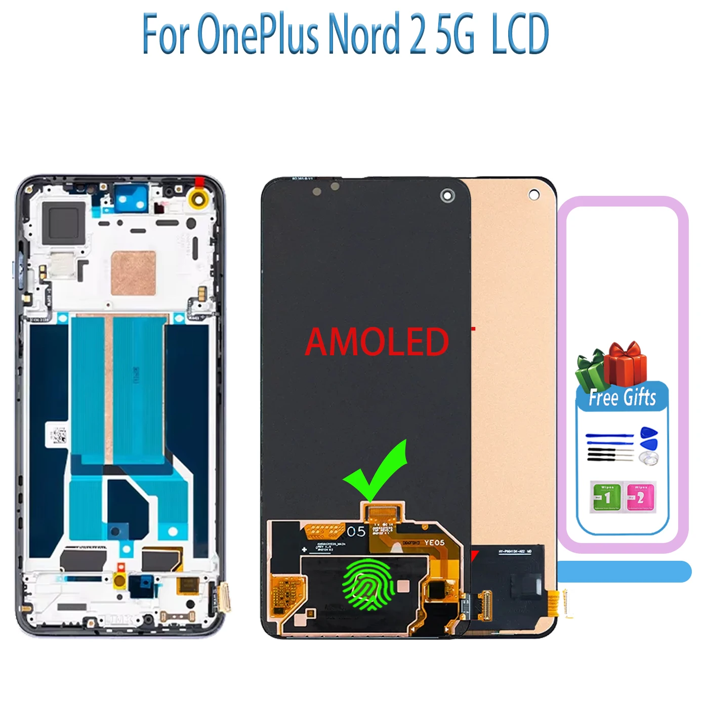 High quality AMOLED Lcd For OnePlus Nord 2 5G Display DN2101 DN2103 LCD Touch Screen Panel Assembly Repair Parts Digitizer