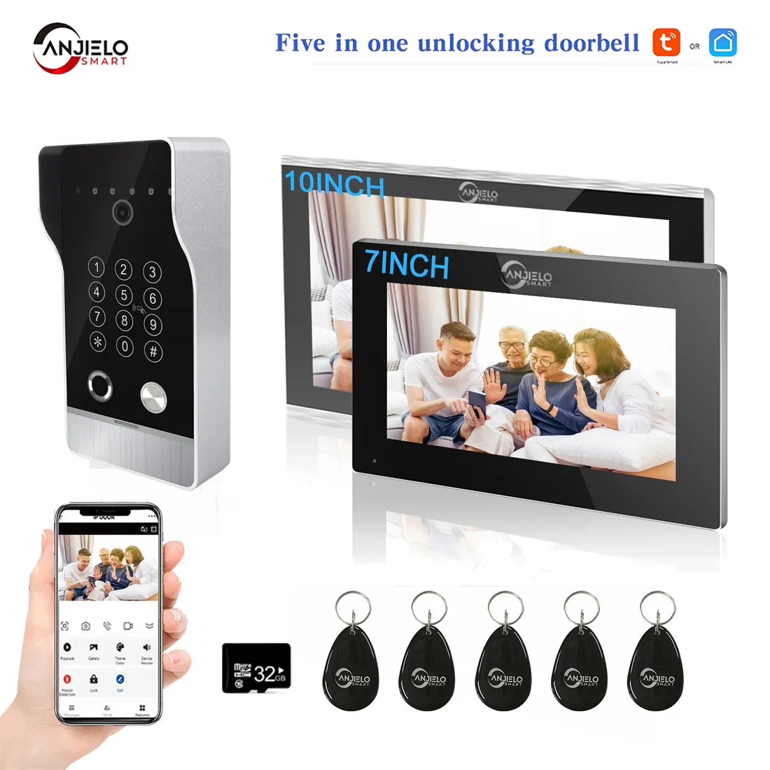 

ANJIELO Tuya 1080P 7/10 inch video intercom doorbell touch screen with wired doorbell 148° APP password fingerprint card monitor
