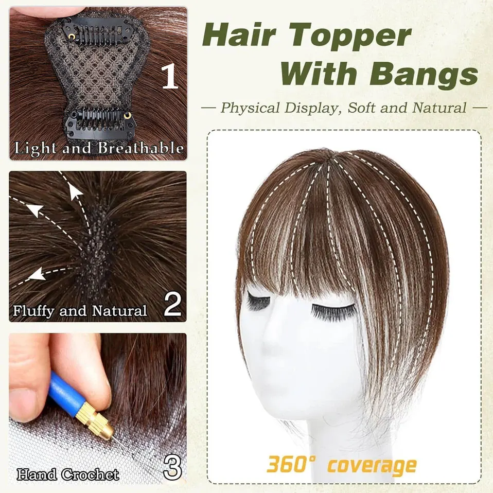 S-noilite 2,4 "x 3,15" flequillo de aire 100% cabello humano Topper línea de cabello Natural para mujeres Clip en postizos 10g flequillo ligero 10"