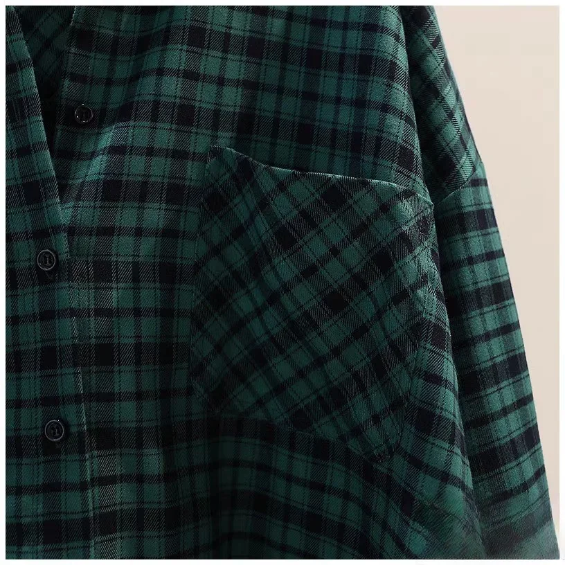 Preguiçoso solto grande versão moagem camisa xadrez verde para mulheres primavera outono vintage harajuku coreano camisa casual jaqueta cardigan