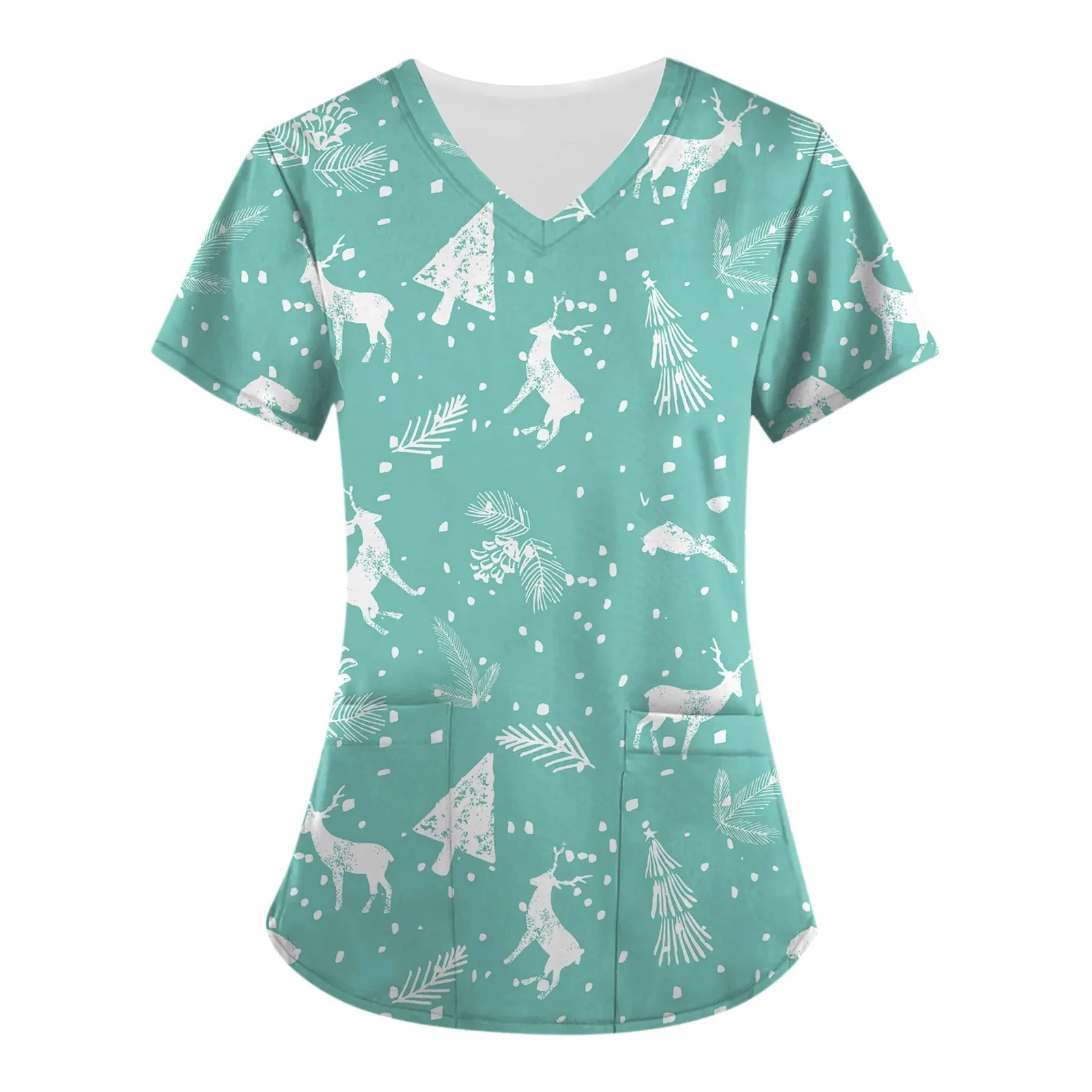 Christmas Medical Women's Uniform Cute Snowman Curable Nurse Tops Moose Printed V-Neck Short Sleeve Tee Women's Hospital Uniform