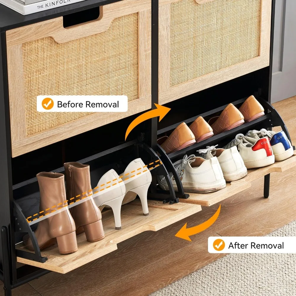 Natural Rattan 4 Clamshell Door Shoe Rack Storage Cabinet with 3 Levels of Adjustable Shelves