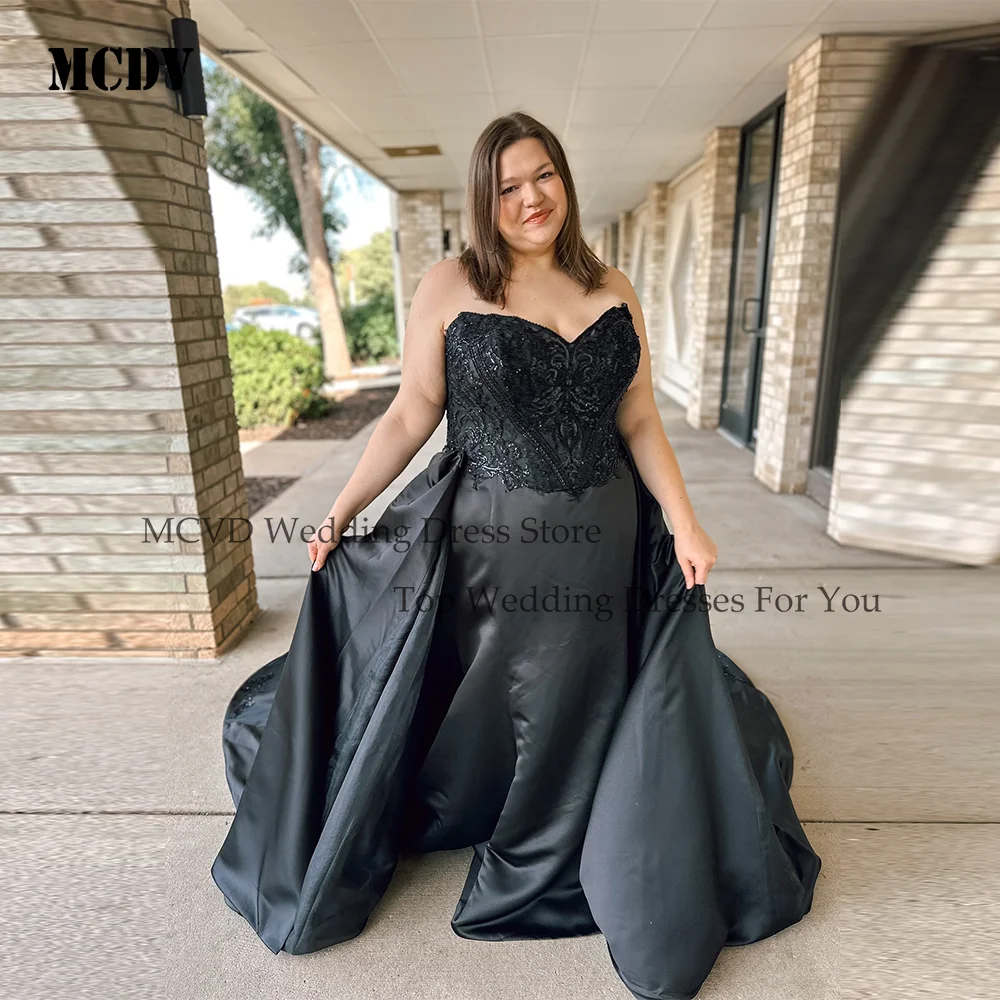 MCDV ブラック 2 で 1 ウェディングドレスプラスサイズの女性マーメイドノースリーブアップリケ取り外し可能なトレインサテンローブデマリエカスタマイズ