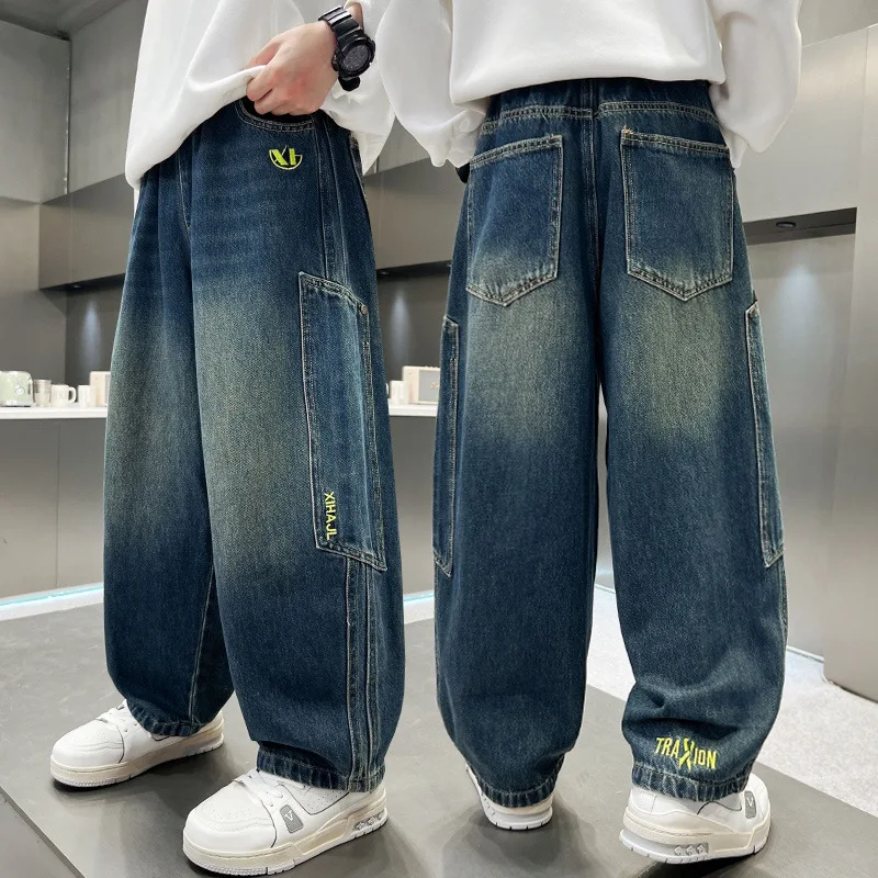 

Boys' Spring Autumn Loose Straight Leg Jeans 2026 New Style Big Kids Casual Wide Leg Trousers Trendy Brand Patchwork Denim Pants