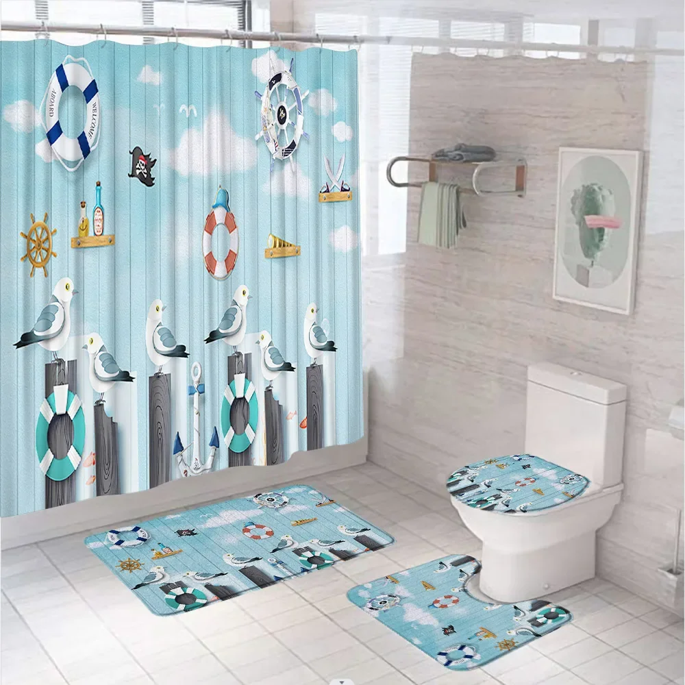 4Pcs Nautical Rudder Anchor Shower Curtain Set Birds Blue Ocean Bathroom Curtains Non Slip Bath Mat Rug Toilet Cover Home Decor