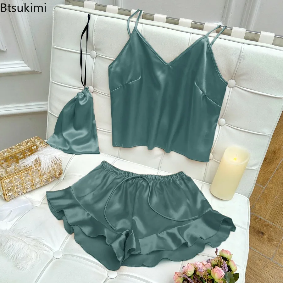 

Women's Satin Pajamas Suit V-Neck Top Short 2PCS Pajamas Outfits Summer Pyjamas Sexy Femme Sleepwear Nightgown Comfy Lingerie