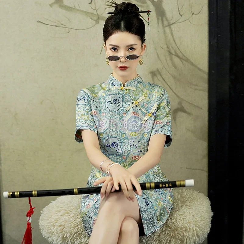 

Luxury Printed Improved Cheongsam Chinese Style Blue asian dress Women's Loose Traditional Qipao Dress